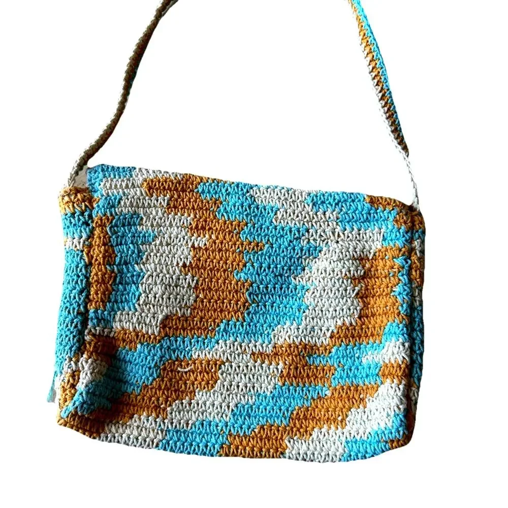 New Crochet Knit Purse Shoulder Bag Tan Blue Aztec Boho Hippie Retro Cotton ECO